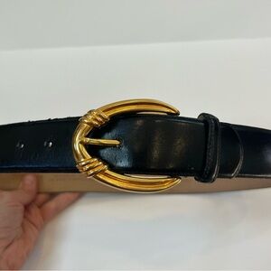 Vintage Liz Claiborne Black Leather Belt with Large Gold Hardware Size Small